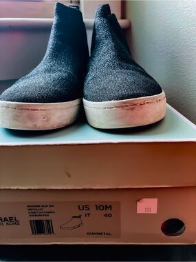 Michael Kors Gunmetal Stretch Slip-On Sneakers with White Platform